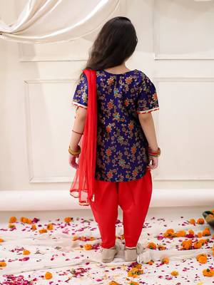 Navy woven jacquard silk kurti dhoti with dupatta set for girls 2