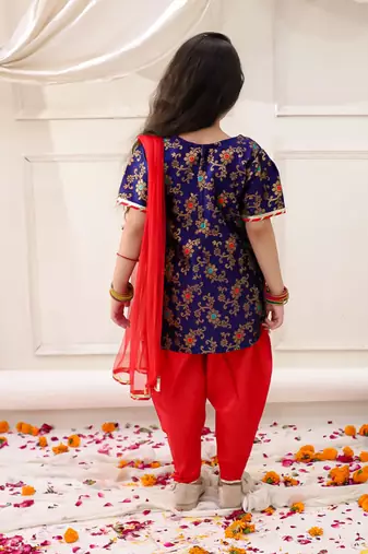 Navy woven jacquard silk kurti dhoti with dupatta set for girls