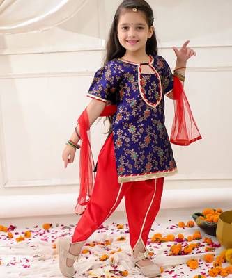 Navy woven jacquard silk kurti dhoti with dupatta set for girls 3