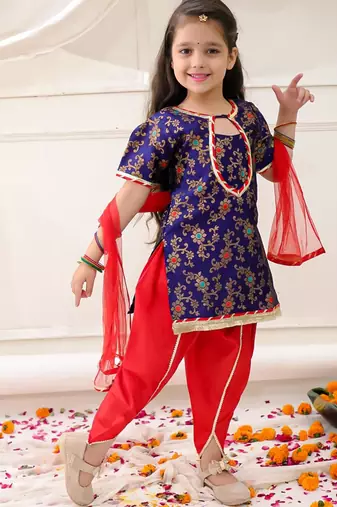 Navy woven jacquard silk kurti dhoti with dupatta set for girls