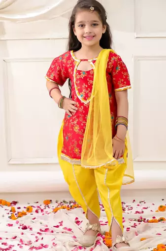 Red woven jacquard silk kurti dhoti with dupatta set for girls
