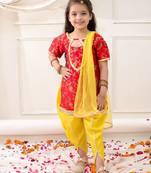 Red woven jacquard silk kurti dhoti with dupatta set for girls