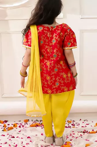 Red woven jacquard silk kurti dhoti with dupatta set for girls