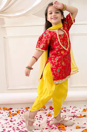 Red woven jacquard silk kurti dhoti with dupatta set for girls