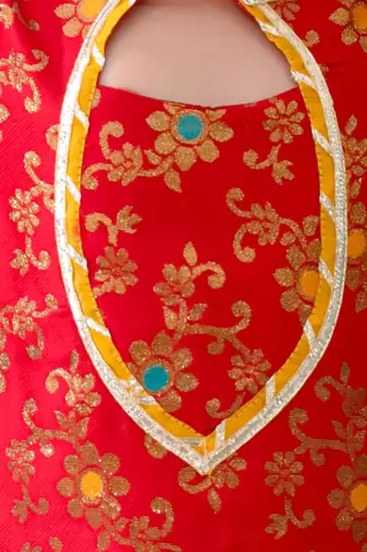 Red woven jacquard silk kurti dhoti with dupatta set for girls