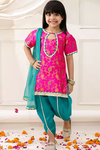 Pink woven jacquard silk kurti dhoti with dupatta set for girls
