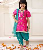 Pink woven jacquard silk kurti dhoti with dupatta set for girls