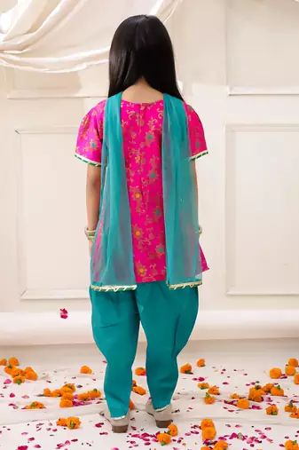 Pink woven jacquard silk kurti dhoti with dupatta set for girls