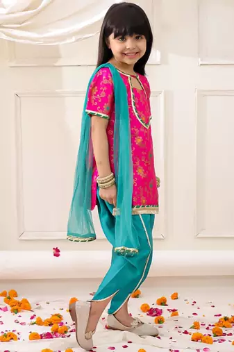 Pink woven jacquard silk kurti dhoti with dupatta set for girls