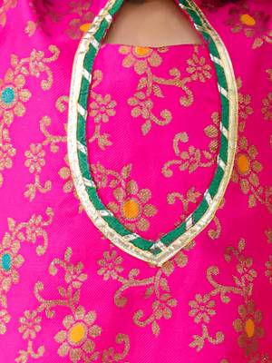 Pink woven jacquard silk kurti dhoti with dupatta set for girls 4