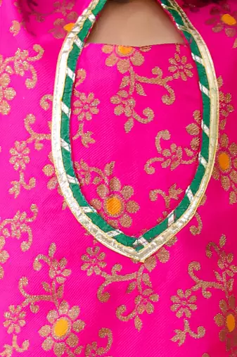 Pink woven jacquard silk kurti dhoti with dupatta set for girls