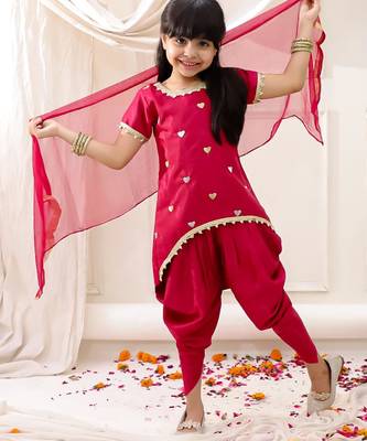 Pink embroidered silk kurti dhoti with dupatta set for girls 1