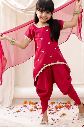 Pink embroidered silk kurti dhoti with dupatta set for girls