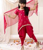 Pink embroidered silk kurti dhoti with dupatta set for girls