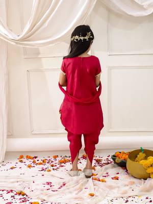Pink embroidered silk kurti dhoti with dupatta set for girls 2