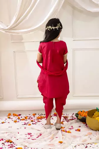 Pink embroidered silk kurti dhoti with dupatta set for girls