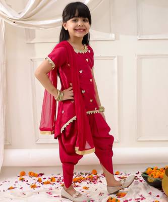 Pink embroidered silk kurti dhoti with dupatta set for girls 3