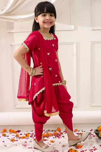 Pink embroidered silk kurti dhoti with dupatta set for girls