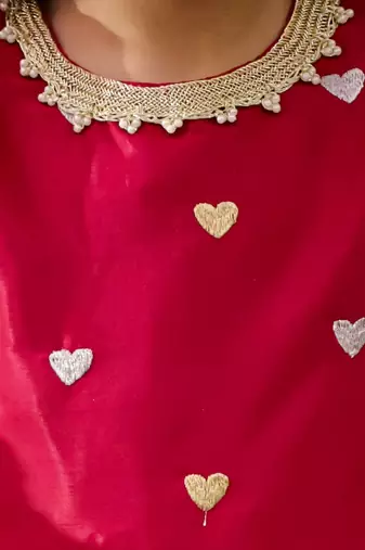 Pink embroidered silk kurti dhoti with dupatta set for girls