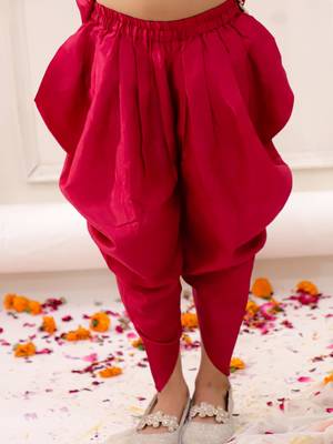 Pink embroidered silk kurti dhoti with dupatta set for girls 5