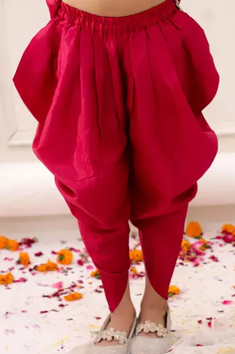 Pink embroidered silk kurti dhoti with dupatta set for girls