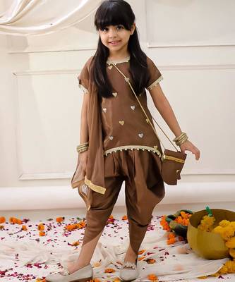 Brown embroidered silk kurti dhoti with dupatta set for girls 1