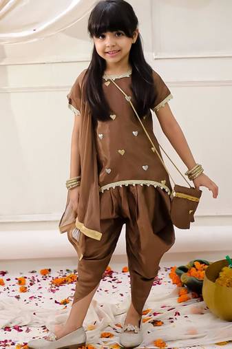 Brown embroidered silk kurti dhoti with dupatta set for girls
