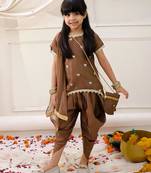 Brown embroidered silk kurti dhoti with dupatta set for girls
