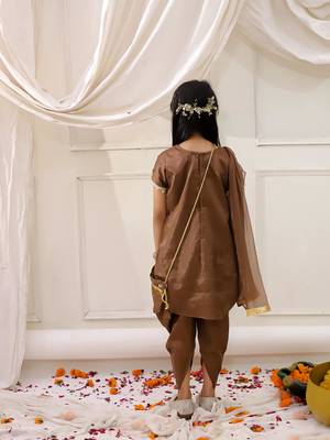 Brown embroidered silk kurti dhoti with dupatta set for girls 2