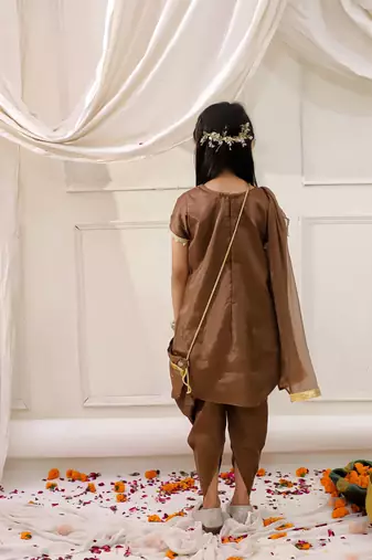 Brown embroidered silk kurti dhoti with dupatta set for girls