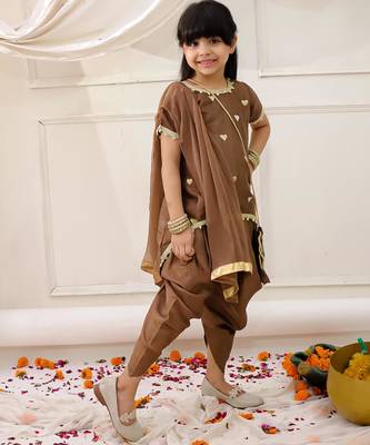 Brown embroidered silk kurti dhoti with dupatta set for girls 3