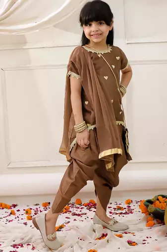 Brown embroidered silk kurti dhoti with dupatta set for girls