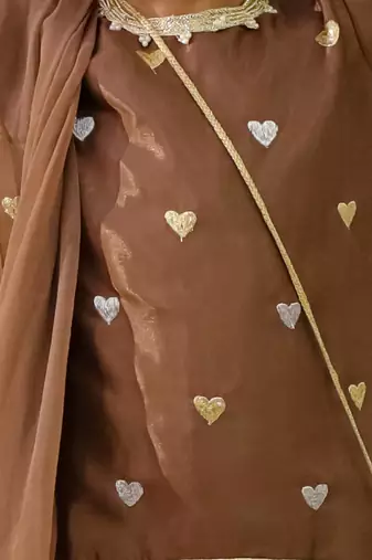 Brown embroidered silk kurti dhoti with dupatta set for girls