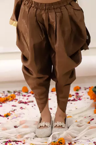 Brown embroidered silk kurti dhoti with dupatta set for girls