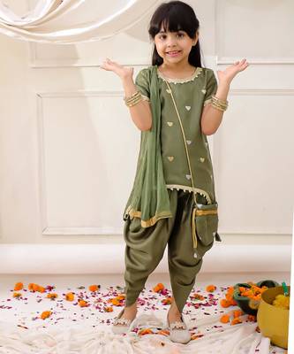 Green embroidered silk kurti dhoti with dupatta set for girls 1