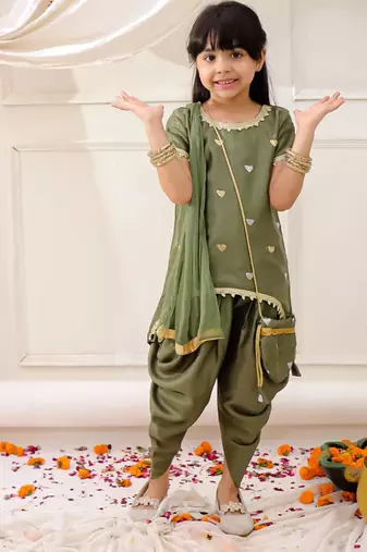 Green embroidered silk kurti dhoti with dupatta set for girls
