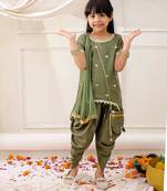 Green embroidered silk kurti dhoti with dupatta set for girls