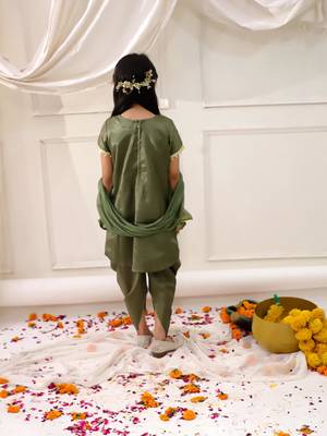 Green embroidered silk kurti dhoti with dupatta set for girls 2
