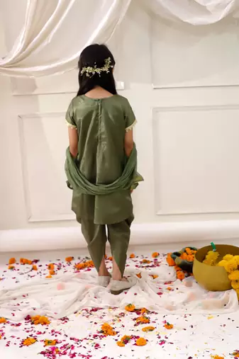 Green embroidered silk kurti dhoti with dupatta set for girls