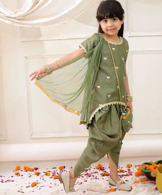 Green embroidered silk kurti dhoti with dupatta set for girls 3
