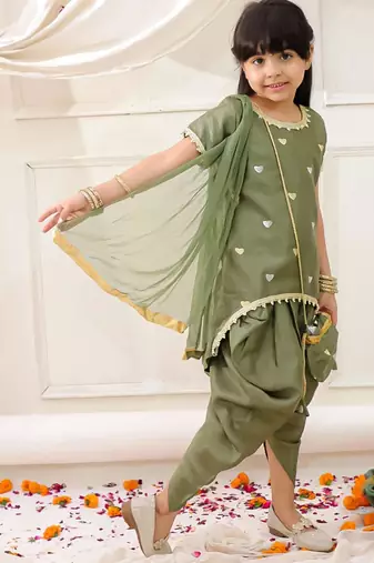 Green embroidered silk kurti dhoti with dupatta set for girls