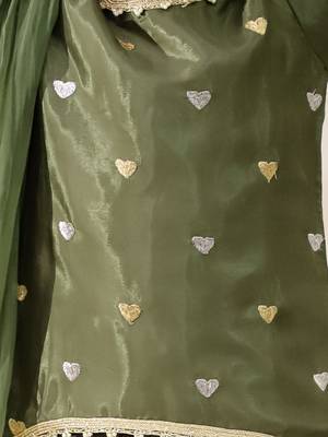 Green embroidered silk kurti dhoti with dupatta set for girls 4