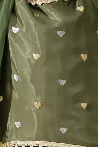 Green embroidered silk kurti dhoti with dupatta set for girls
