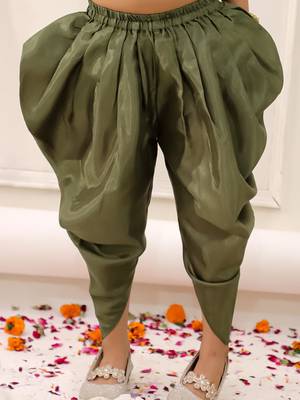 Green embroidered silk kurti dhoti with dupatta set for girls 5