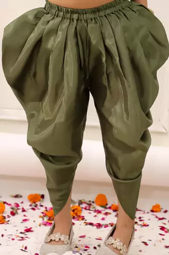 Green embroidered silk kurti dhoti with dupatta set for girls