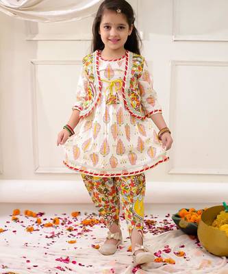 Yellow printed cotton kurti dhoti with jacket set for girls 1