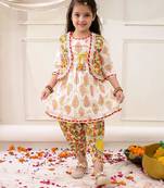 Yellow printed cotton kurti dhoti with jacket set for girls