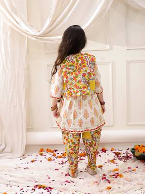 Yellow printed cotton kurti dhoti with jacket set for girls 2