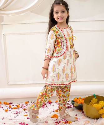 Yellow printed cotton kurti dhoti with jacket set for girls 3