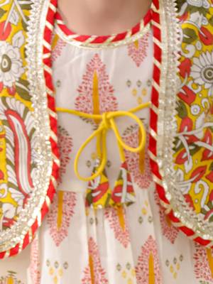 Yellow printed cotton kurti dhoti with jacket set for girls 4